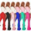 2021 New Women Casual Streetwear High Waist Lace Up Side Hollow Out Flare Bell Bottom Pants Active Legging Cargo Pants& trousers
